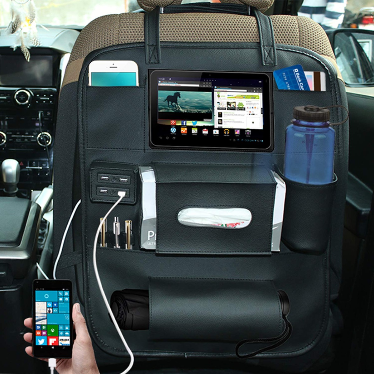 AllExtreme WPUSBC Universal PU Leather Car Seat Back Organizer with 4 USB  Charging Ports Multi Pocket SUV Travel Storage with Umbrella & Bottle Holder