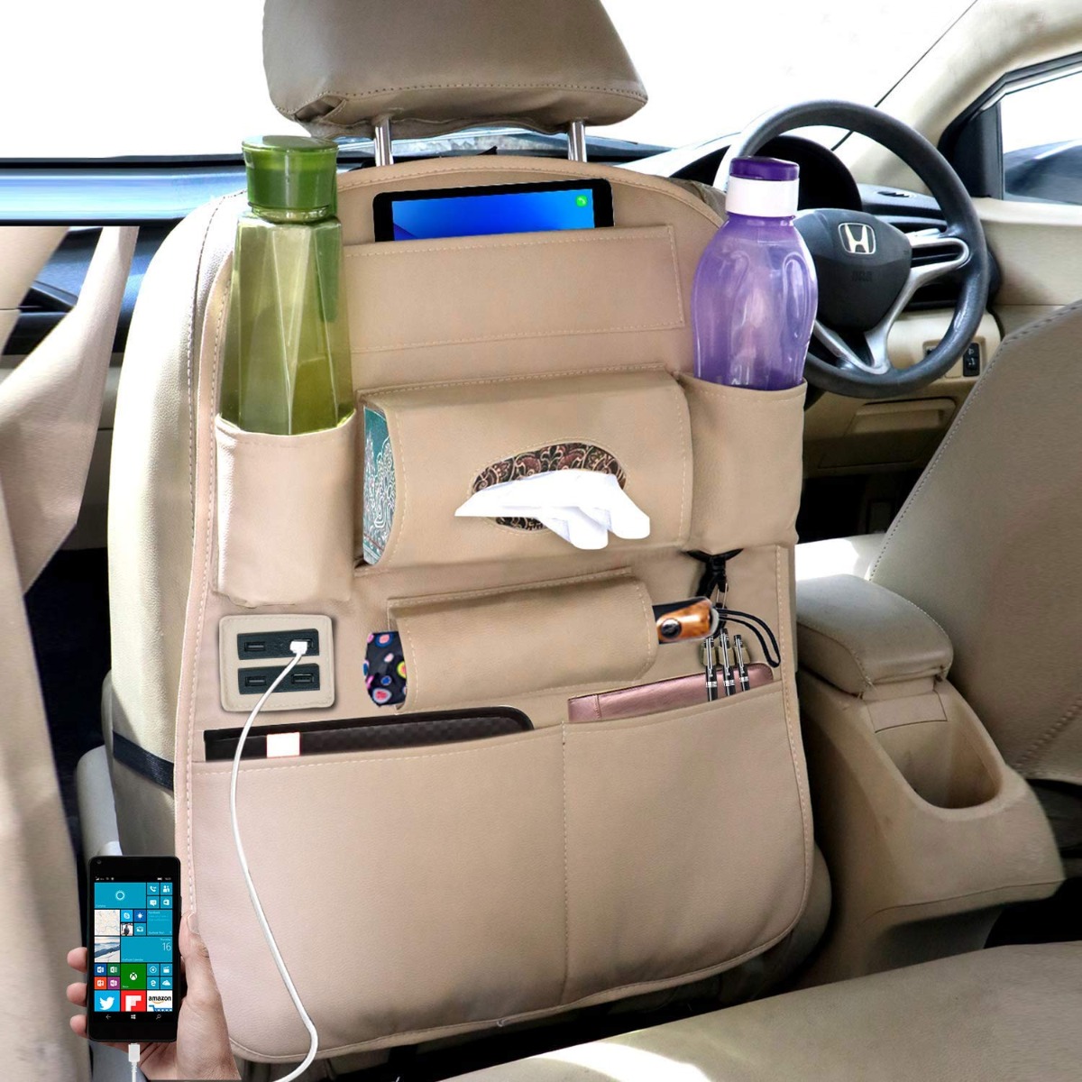 AllExtreme SBESUSBB Universal Car Seat Back Organizer with 4 USB Charging  Ports PU Leather Multi Pocket SUV Travel Storage for Tissue Paper & Bottle  Holder