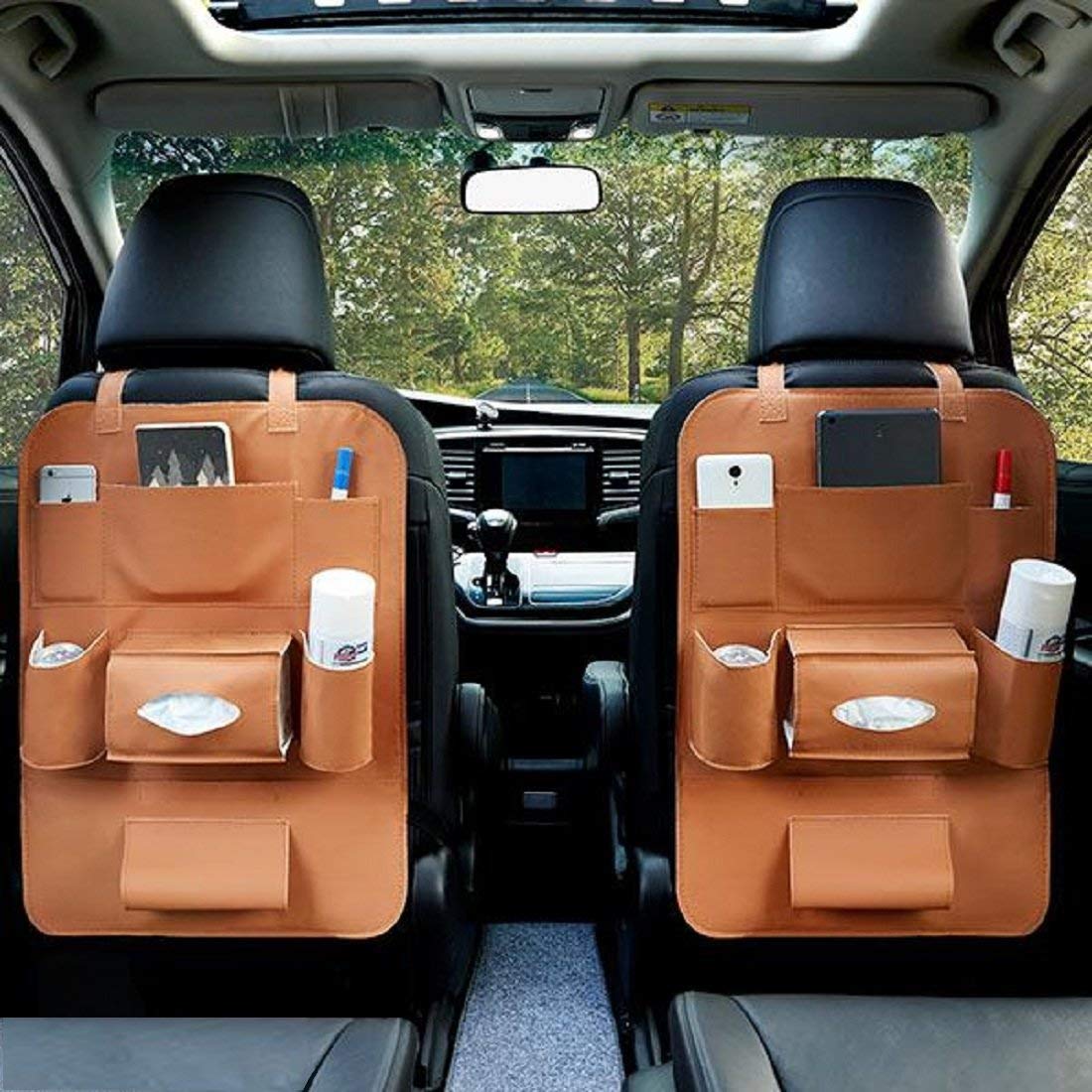 EXCOWPT PU Leather Car Auto Seat Back Multi Pocket Organizer (Tan)