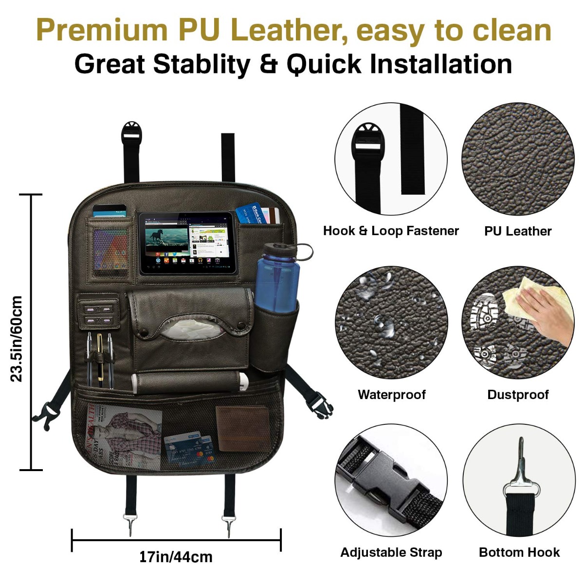 AllExtreme Universal PU Leather Car Seat Back Organizer with 4 USB Charging  Ports Multi Pocket SUV Travel Storage with Umbrella & Bottle Holder
