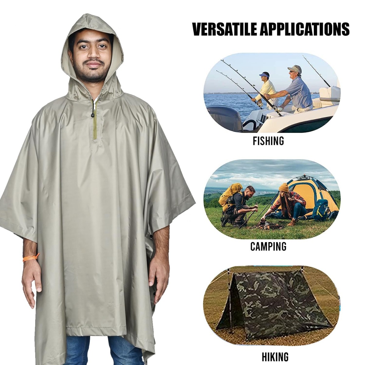 AllExtreme Poncho Raincoat Hooded Waterproof Rainwear Adult Lightweight  Unisex Cape for Hiking Camping Emergency- Khaki