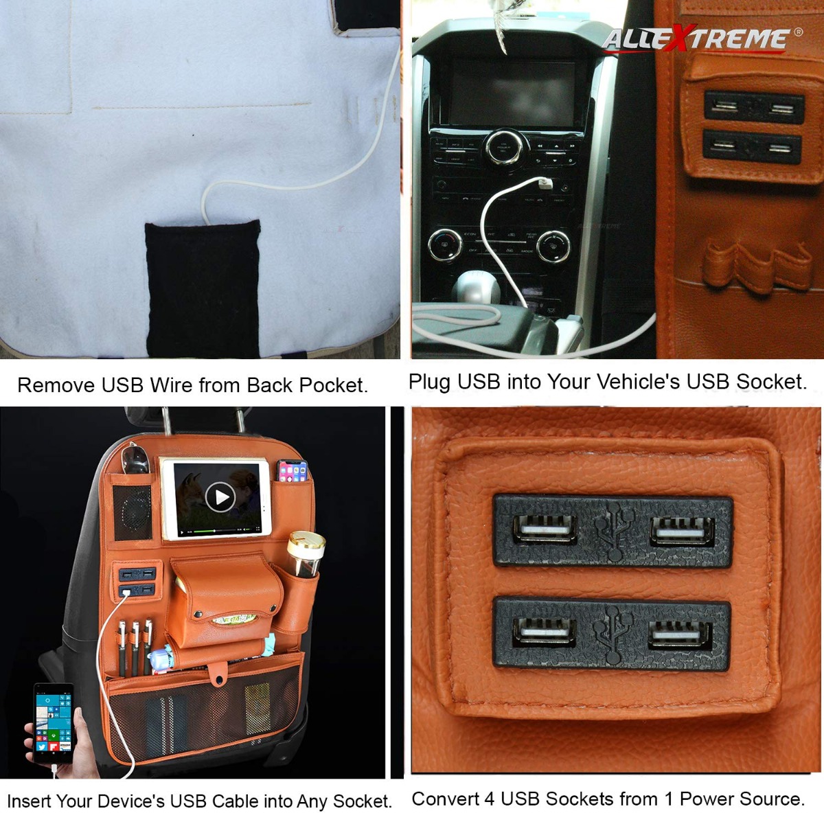 AllExtreme Universal PU Leather Car Seat Back Organizer with 4 USB Charging  Ports Multi Pocket SUV Travel Storage with Umbrella & Bottle Holder