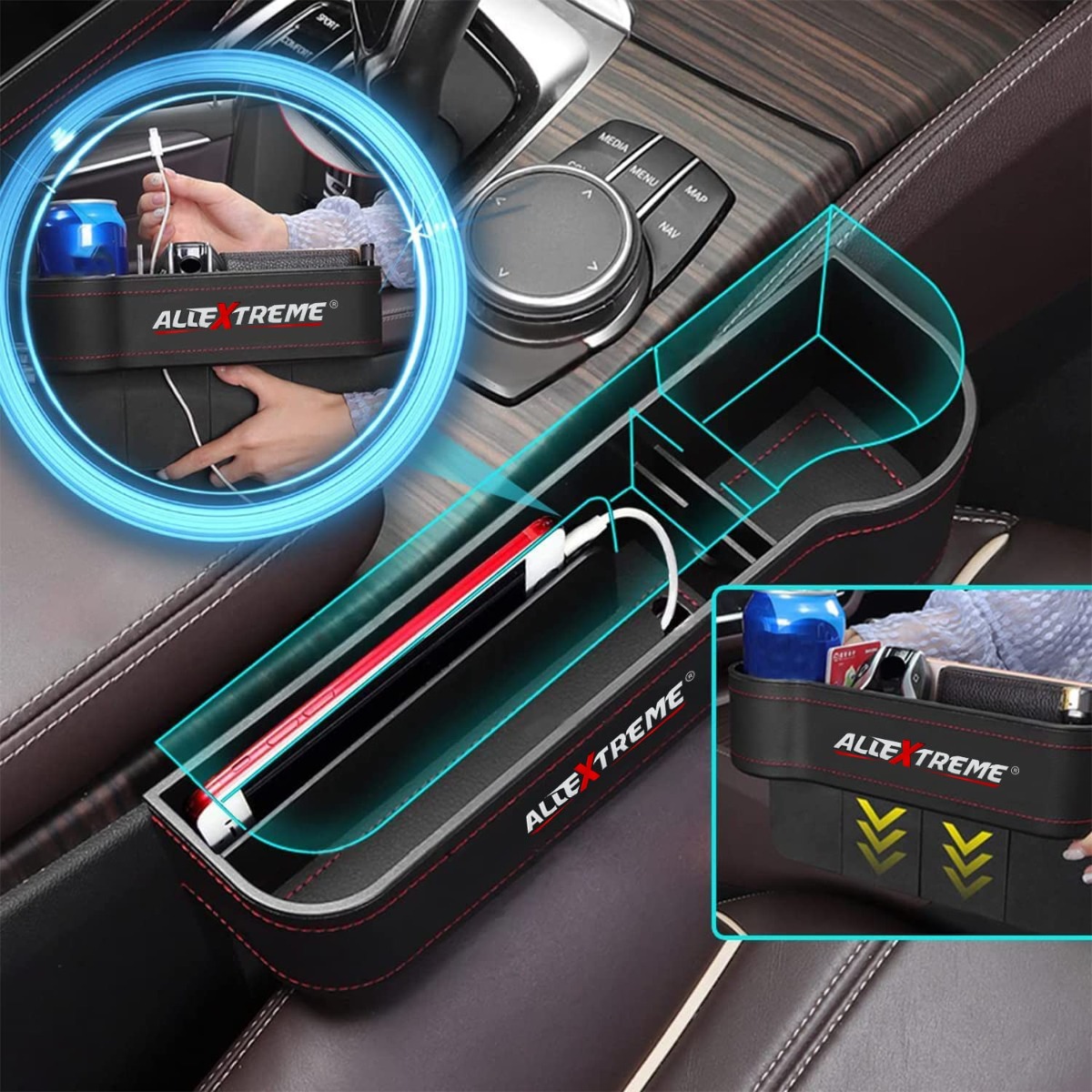 Car Seat Gap Storage Box USB Wireless Auto Seat Crevice Organizer