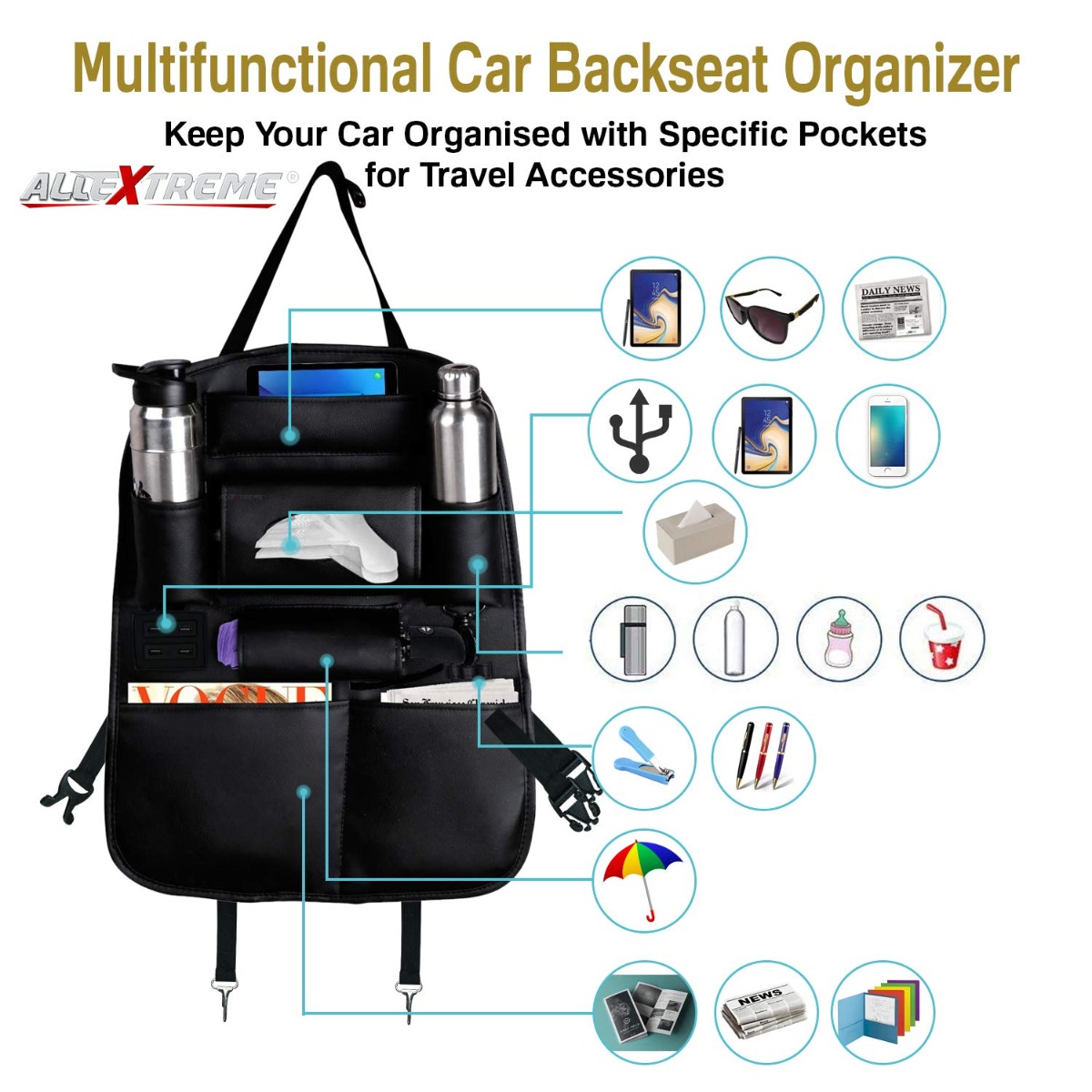 AllExtreme SBESUSBB Universal Car Seat Back Organizer with 4 USB Charging  Ports PU Leather Multi Pocket SUV Travel Storage for Tissue Paper & Bottle