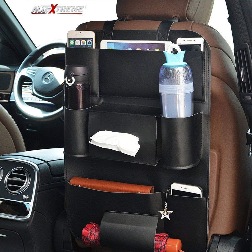 AllExtreme EXMPOB1 PU Leather Universal Car Auto Seat Back Multi Pocket  Organizer and iPad mini Holder (Black)