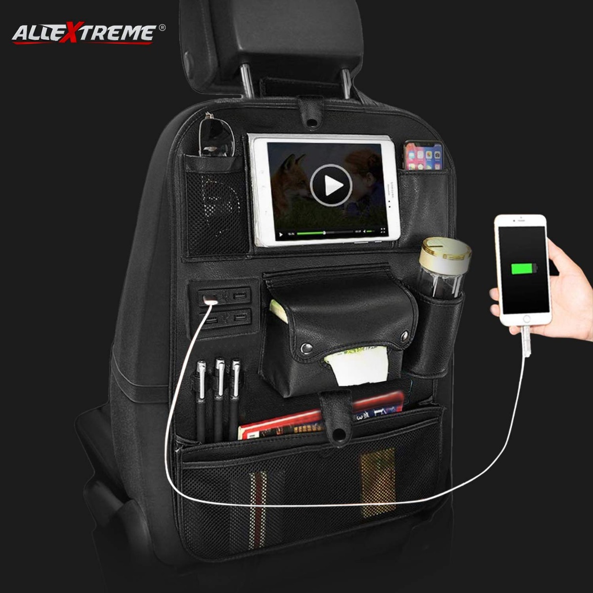 AllExtreme EXCBBO1 Universal Car Seat Back Organizer with 4 USB Charging  Ports PU Leather Multi Pocket SUV Travel Storage for Tissue Paper and Bottle  Holder (Black)
