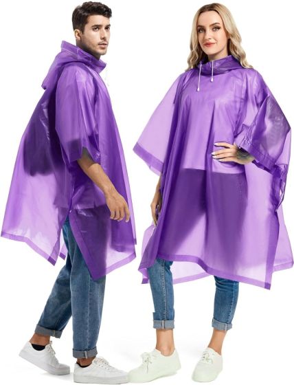 AllExtreme EVA Poncho Raincoat Transparent Hooded Water Resistant Rain Jacket with Sleeves for Women Men (Purple)