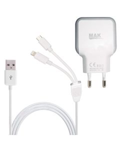 ALLEXTREME MAK0010 3.1 A Dual Micro USB Wall Mobile Charger Travel Adapter with AutoID Technology and Data Transfer Cable for Android, iOS Smartphone (White)
