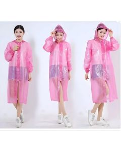 AllExtreme PVC Raincoat Transparent Hooded Water Resistant Rain Jacket with Sleeves for Women Men Camping Rainy Season Travel - Pink