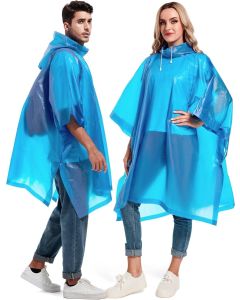 AllExtreme EVA Poncho Raincoat Transparent Hooded Water Resistant Rain Jacket with Sleeves for Women Men (Blue)