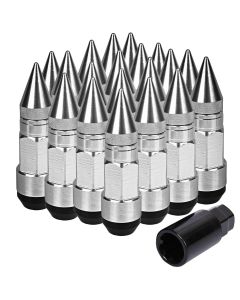 AllExtreme M12x1.5mm Wheel Nuts Close End Steel Aluminum Alloy Extended Lug Nut Set with Spike & Key for Cars Wheels Tyres (20Pcs, Silver Colour)