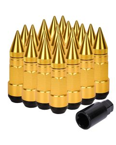 AllExtreme M12x1.5mm Wheel Nuts Close End Steel Aluminum Alloy Extended Lug Nut Set with Spike & Key for Cars Wheels Tyres (20Pcs, Gold Colour)