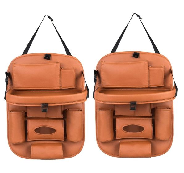 Allextreme EXFTCOT2 Universal PU Leather Auto Car Seat Back Organizer with Foldable Dining Table Tray, Multipocket Storage Tablet, Bottle and Tissue Paper Holder (Tan, 2Pcs)