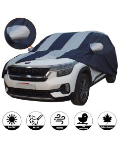 AllExtreme K7005 Car Body Cover for Kia Seltos Custom Fit Dust UV Heat Resistant for Indoor Outdoor SUV Protection (Blue & Silver with Mirror)