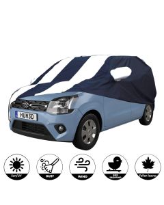 Allextreme MWB5005 Car Body Cover Compatible with Maruti Suzuki Wagon R 19-21 Custom Fit Dustproof UV Heat Resistant Indoor Outdoor Body Protection (Navy Blue & White with Mirror)