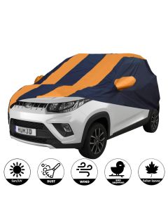 Allextreme MKB5003 Car Body Cover Compatible with Mahindra KUV100 Custom Fit Dustproof UV Heat Resistant Indoor Outdoor Body Protection (Navy Blue & Orange with Mirror)