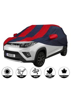 Allextreme MKB5004 Car Body Cover Compatible with Mahindra KUV100 Custom Fit Dustproof UV Heat Resistant Indoor Outdoor Body Protection (Navy Blue & Red with Mirror)