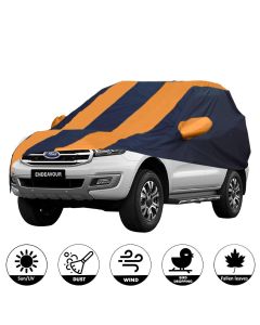 Allextreme FEB5003 Car Body Cover Compatible with Ford Endeavour Custom Fit Dustproof UV Heat Resistant Indoor Outdoor Body Protection (Navy Blue & Orange with Mirror)
