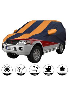 Allextreme MPB5003 Car Body Cover Compatible with Mitsubishi New Pajero Custom Fit Dustproof UV Heat Resistant Indoor Outdoor Body Protection (Navy Blue & Orange with Mirror)
