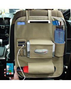 AllExtreme WPUSBC Universal PU Leather Car Seat Back Organizer with 4 USB Charging Ports Multi Pocket SUV Travel Storage with Umbrella & Bottle Holder
