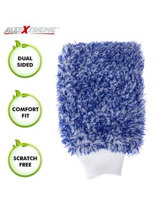 AllExtreme EXMDBW1 Double-Sided Microfiber Car Washing Mitt Reusable Duster Glove for Wet/Dry Applications (Blue and White, 1 PC)