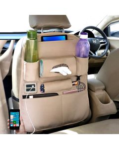 AllExtreme SBESUSBB Universal Car Seat Back Organizer with 4 USB Charging Ports PU Leather Multi Pocket SUV Travel Storage for Tissue Paper & Bottle Holder 
