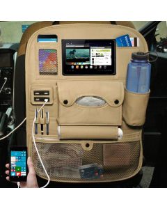 AllExtreme Universal PU Leather Car Seat Back Organizer with 4 USB Charging Ports Multi Pocket SUV Travel Storage with Umbrella & Bottle Holder