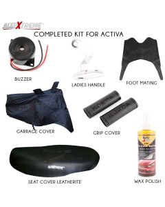 AllExtreme 7 in 1 Combo Accessories Kit for Honda Activa 4G - Leatherette Seat Cover, Handle Bar Grip Cover, Helmet/Baggage Holder, Buzzer, Liquid Wax Polish, Rubber Foot/Floor Mat, Weatherproof Garage Cover