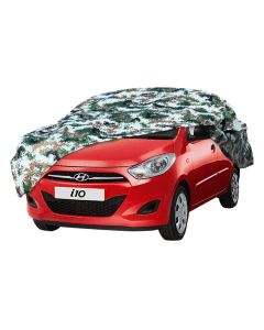 AllExtreme HI5007 100% Tested Waterproof Car Body Cover Compatible with Hyundai Old i10 Triple Stitched UV Heat Resistant Indoor Outdoor Body Protection (Army Print with Mirror)