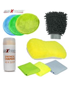 AllExtreme EXFLD10 Car Cleaning Kit Wash Set for Interior and Exterior with Microfibre Cloth, Polishing Pads, Wash Glove, Sponge and Synthetic Chamois (9 Pcs)