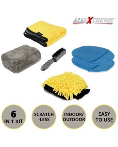 AllExtreme EXFLD12 Car Auto Cleaning Tool Kit with Sponge, Microfibre Towel, Tire Brush, Polishing Pads, Washing Glove (6 Pcs)
