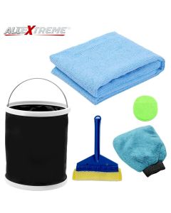AllExtreme EXFLD16 Car Cleaning Tools Kit Exterior and Interior Wash Supplies with Microfibre Cleaning Cloths, Wash Glove, Sponge, Squeegee and Collapsible Bucket (6 Pcs)