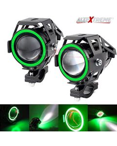 AllExtreme EXU7MG2 U7 Mini CREE LED Fog Light Work Lamp with Hi/Low, Flashing Beam and Green Angel Eye Ring for Cars and Motorcycles (12W, Green & White Light, 2 PCS)