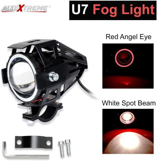 AllExtreme EXU7BR2 U7 CREE LED Fog Light Work Lamp with Hi/Low, Flashing Beam and Red Angel Eye Ring for Cars and Motorcycles (12W, Red & White Light, 2 PCS)
