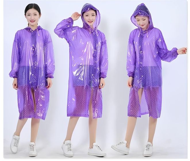 AllExtreme PVC Raincoat Transparent Hooded Water Resistant Rain Jacket with Sleeves for Women Men Camping Rainy Season Travel - Purple