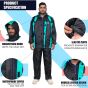 Allextreme Diamond Raincoat Set Snap Closure Water Resistant Rain Coat with Carrying Pouch Drawstring Hem Foldable Hood & Pant for Men (Black & Green, XXL)