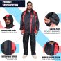 Allextreme Upgraded Raincoat Set Snap Closure Water Resistant Rainwear with Carrying Pouch Drawstring Hem Foldable Hooded Design for Men (Black & Red, XXL)