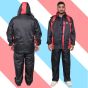 Allextreme Upgraded Raincoat Set Snap Closure Water Resistant Rainwear with Carrying Pouch Drawstring Hem Foldable Hooded Design for Men (Black & Red, XXL)
