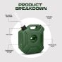 Allextreme 5L Jerry Can 1.3 Gallon Temperature Resistant UTV Gas Cans with Spout System and Lock Antistatic Portable Fuel Container for Bike ATV Car (Green, Pack of 1)