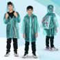 Allextreme Raincoat for Kids 13-15 Years Long Rain Jacket Boys Girls Rainsuit Waterproof Children Rainwear with Hood School Bag Cover & Carry Pouch (Airplane Print, 4XL, Green, 1pc)