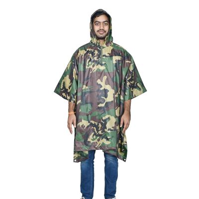 Allextreme Poncho Raincoat Hooded PU Rainwear Foldable Polyester Windbreaker Military Impermeable Jacket for Outdoor Hiking Camping - Army Green