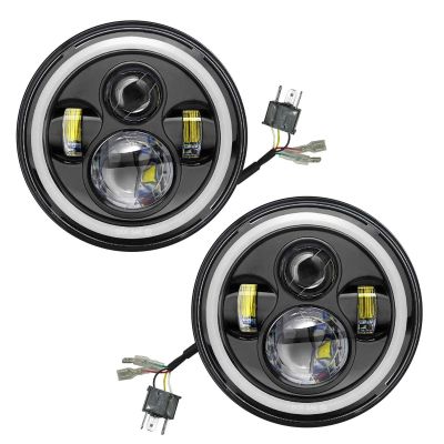 Allextreme EX7ITC2 7 Inch Full Ring Round White LED Headlight with Hi/Low Beam Tricolour Angel Eye Lamp Compatible with Bullet, Harley Davidson Jeep Wrangler (75W, Pack of 2)