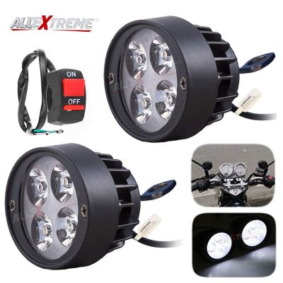 Allextreme EX4FSW2 4 LED Round Fog Light 7/8 Inch Handlebar Driving Head Lamp with Mirror Mount Handlebar Switch for Motorcycle (12W, White Light, 2 PCS)