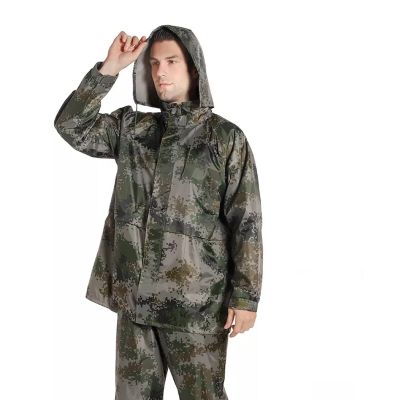 AllExtreme Unisex Top & Bottom Raincoat with Detachable Hood Two-Piece Rainwear Water Resistant Rainjacket Carry Pouch Two Pockets for Adult Men (Army Print, XXXL)