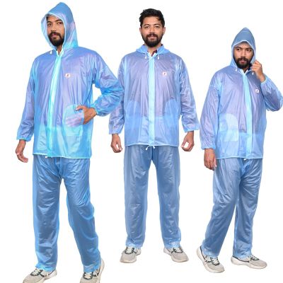 Allextreme Kinder Men Raincoat with Adjustable Hood Water Resistant Reusable Rainwear Drawstring Hem Set of Top & Bottom with Carrying Pouch (XXL, Blue)
