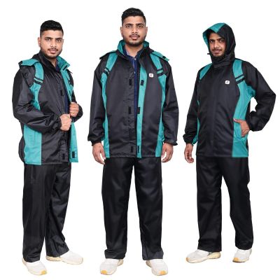 Allextreme Diamond Raincoat Set Snap Closure Water Resistant Rain Coat with Carrying Pouch Drawstring Hem Foldable Hood & Pant for Men (Black & Green, XXL)