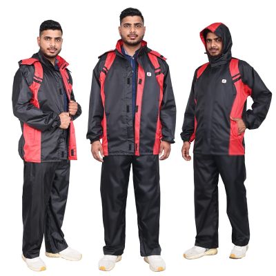 Allextreme Upgraded Raincoat Set Snap Closure Water Resistant Rainwear with Carrying Pouch Drawstring Hem Foldable Hooded Design for Men (Black & Red, XXL)