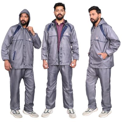 AllExtreme Two-Piece Raincoat with Adjustable Drawstring Hood Two Pockets Men Water Resistant Rain Jacket (XXL, Grey)