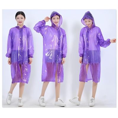 AllExtreme PVC Raincoat Transparent Hooded Water Resistant Rain Jacket with Sleeves for Women Men Camping Rainy Season Travel - Purple