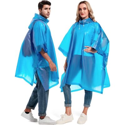 AllExtreme EVA Poncho Raincoat Transparent Hooded Water Resistant Rain Jacket with Sleeves for Women Men (Blue)